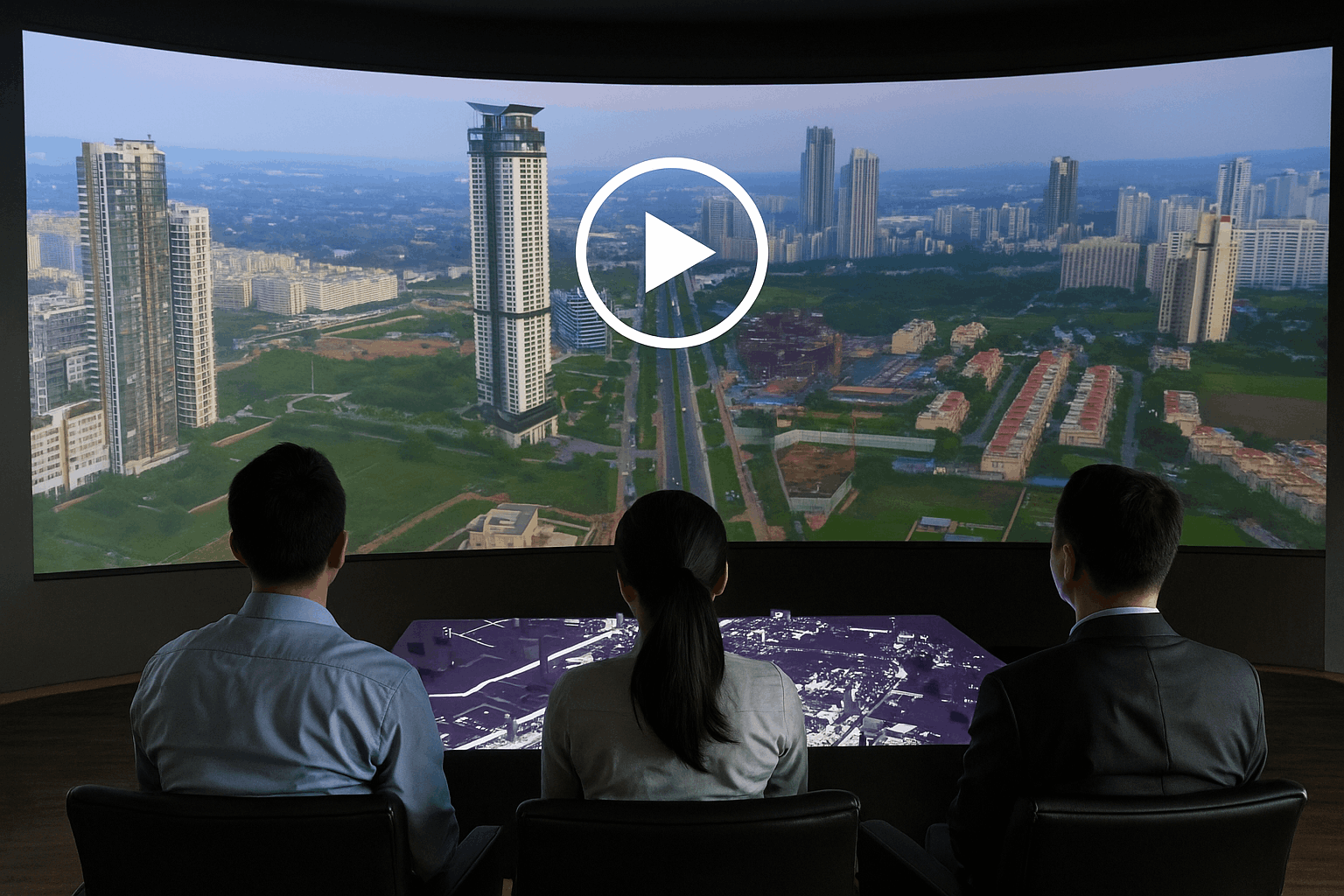Group interacting with immersive real estate visualization screen